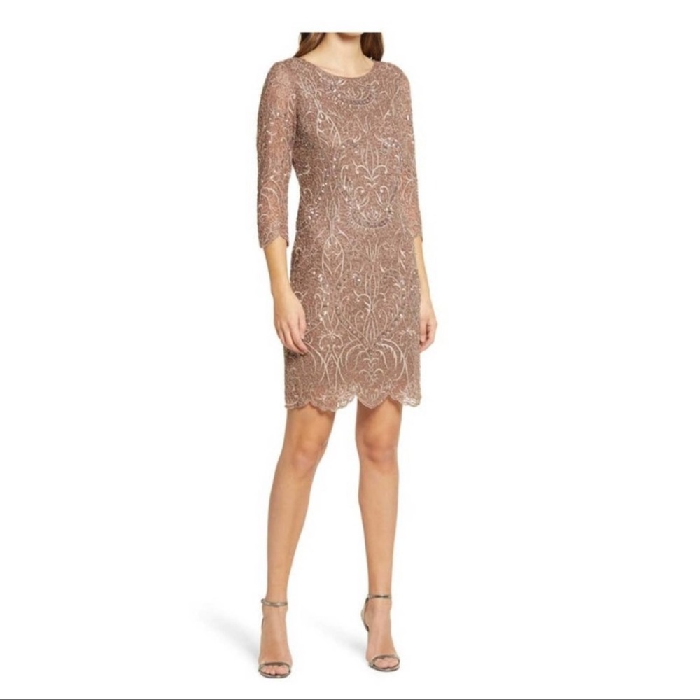 Pisarro Nights Embroidered Cocktail Sheath Dress in Tan